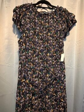 Floral Midi Dress in Black with Purple & Mustard Blooms - NWT